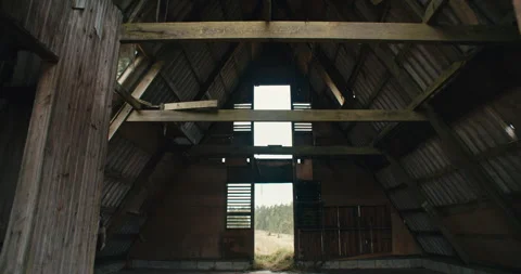 Interior of abandoned zinc roofed triangle log cabin in a field of Stock Footage 240204764