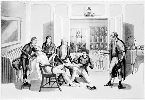 An interior of an affluent apothecary's shop - a wounded young man is being.. Stock Illustration