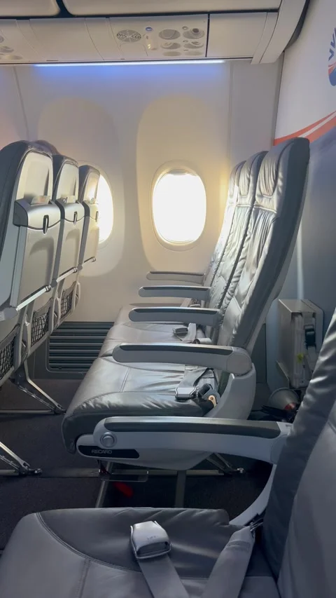 Interior of airplane with empty seats and scenery from the plane window Stock Footage 336912430
