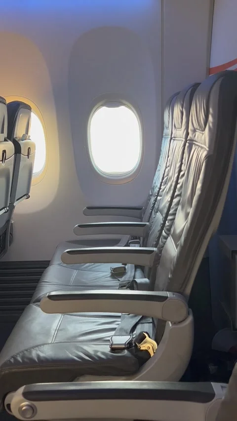 Interior of airplane with empty seats and scenery from the plane window Stock Footage 336912467