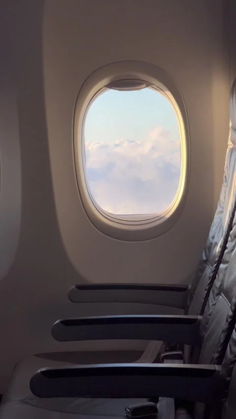 Interior of airplane with empty seats and scenery from the plane window Stock Footage 336912703