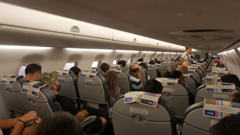 Interior Of Airplane With Passengers On Seats Stock Footage 92234444