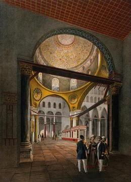 Interior of the Al-Aksa mosque, Jerusalem. Chromolithograph by Bachelier an.. Stock Illustration