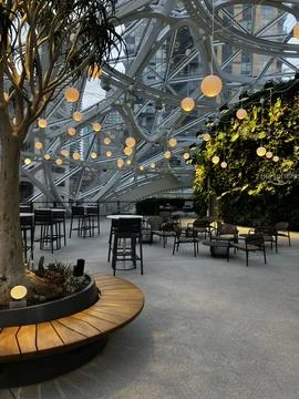 Interior of the Amazon Spheres with glowing orb lights and living wall, Seattle Stock Photos