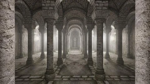 Interior of an ancient castle with columns Ilustración de archivo