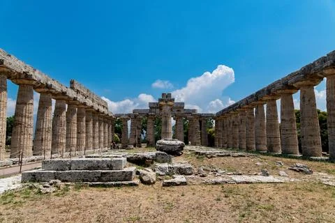 Interior of ancient Doric temple ruins in Paestum Stock Photos
