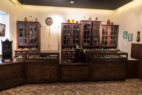 Interior of an ancient mountain pharmacy in Barnaul, Altai region, Siberia, R Stock Photos
