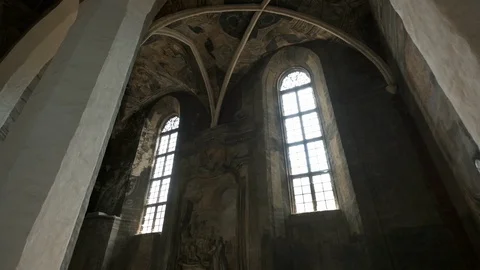 Interior Of Ancient Temple. Sun Rays Shine Through Large Windows. Stock Footage 110746711