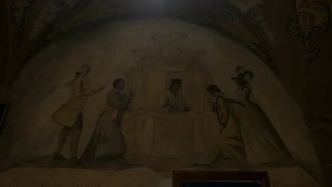 Interior Of Ancient Temple. Sun Rays Shine Through Large Windows. Fresco On The Stock Footage 110747139