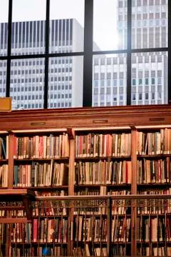 Interior and book shelves of the Mahattan Public Library Stock Photos