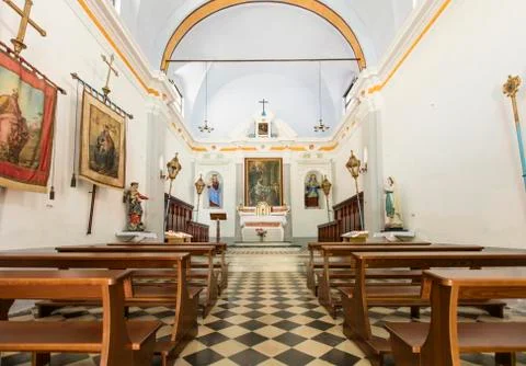 Interior and ceiling of the Chapel of Saint Catherine in Corniglia, La Spezia Stock Photos
