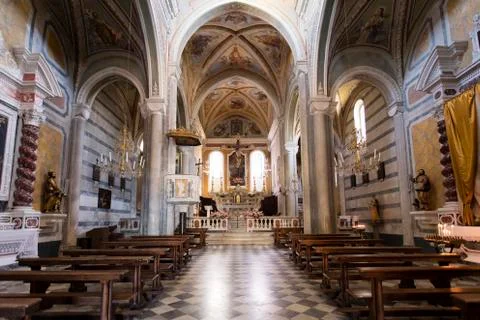 Interior and ceiling of the Church of San Pietro ( Saint Peter ) in Corniglia Stock Photos