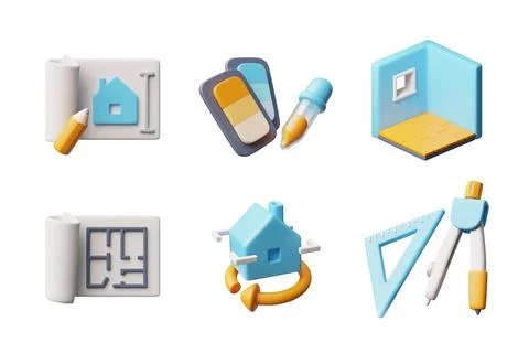 Interior and construction design 3D cartoon vector icons set, volume home Ilustración de archivo