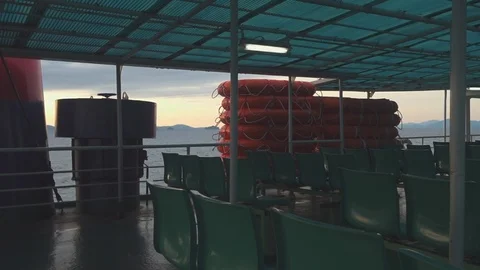 Interior and engine view on the ferry boat during sunrise Video stock 95851199