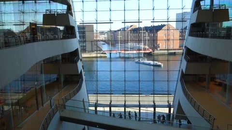 Interior and view through the glass facade of the Black Diamond, Copenhagen. Stock-Footage 61298266