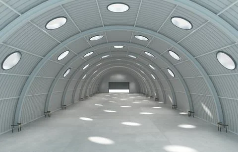 The interior of an arched industrial hangar Stock Illustration