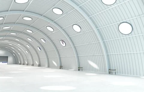 The interior of an arched industrial hangar Stock Illustration