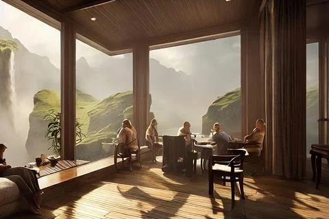 Interior Architecture with big windows and wooden frames, Vacation place Stock Illustration