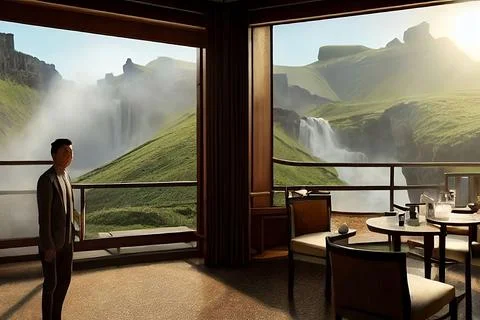 Interior Architecture with big windows and wooden frames, Vacation place Illustrazione stock