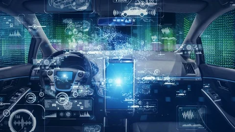 Interior of an autonomous car. Automotive technology concept. Car electronics. Stock Footage