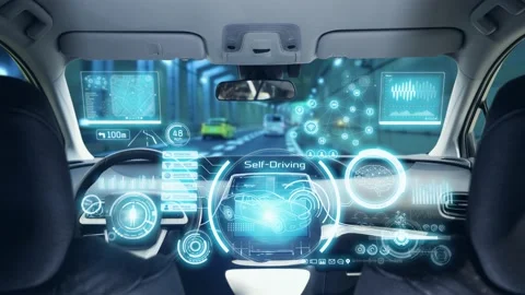 Interior of autonomous car. Driverless vehicle. Stock Footage 140480699