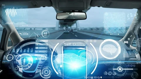 Interior of autonomous car. Driverless vehicle. Driving assist system. HUD (Head Vidéo 169911655