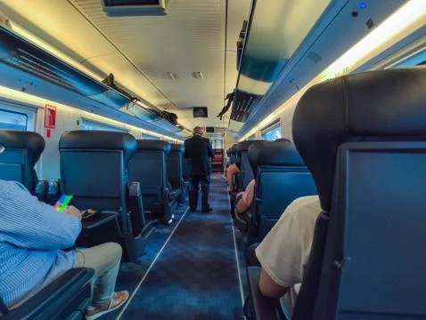 Interior of AVE train, which is a high-speed rail service in Spain. Stock Photos