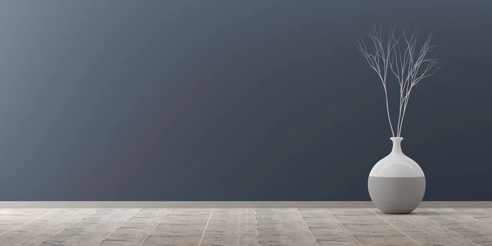 Interior background of modern empty room with blue wall, vase with branch and イラスト素材