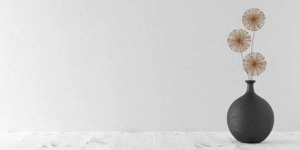 Interior background of modern empty room with white wall, vase with dry flowe 스톡 일러스트
