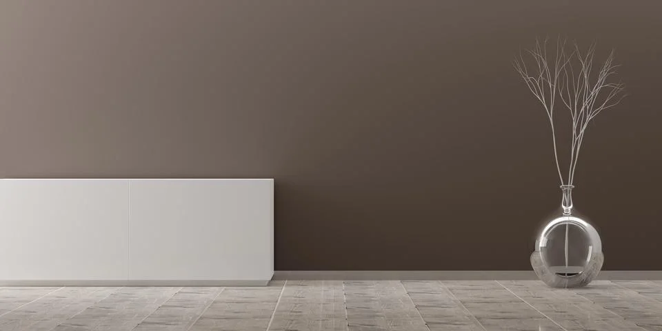 Interior background of modern empty room with brown wall, glass vase with dry Stock Illustration