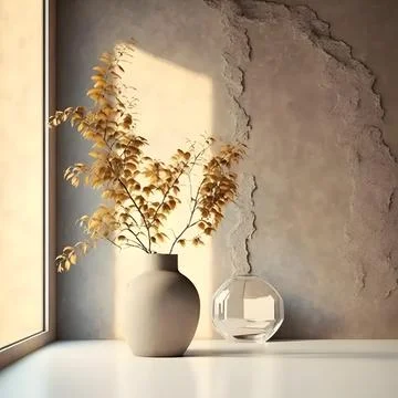 Interior background of room with beige stucco wall and glass vase with bran.. Stock Illustration