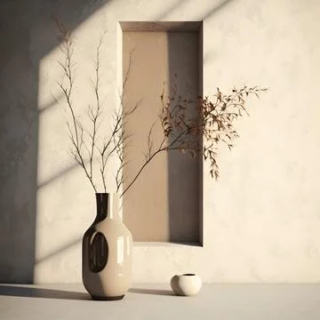 Interior background of room with beige stucco wall and glass vase with bran.. Stock Illustration