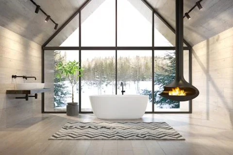 Interior bathroom of a forest house 3D rendering Stock Illustration