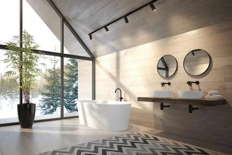 Interior bathroom of a forest house 3D rendering Stock Illustration