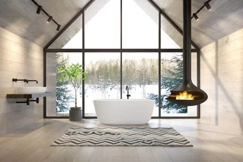 Interior bathroom of a forest house 3D rendering Stock Illustration
