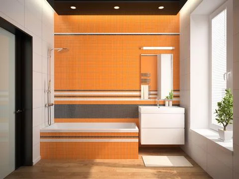 Interior of the bathroom with orange wall 3D rendering 2 Stock Illustration