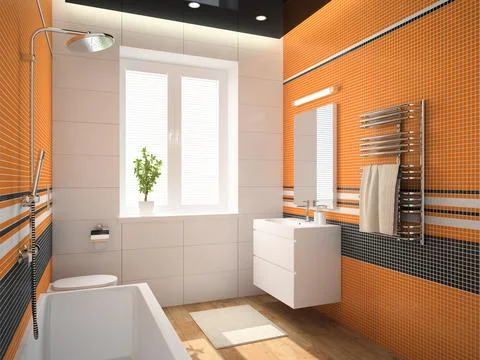 Interior of the bathroom with orange wall 3D rendering Stock Illustration