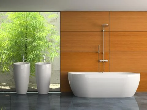 Interior of the bathroom with plants 3D rendering Stock Illustration