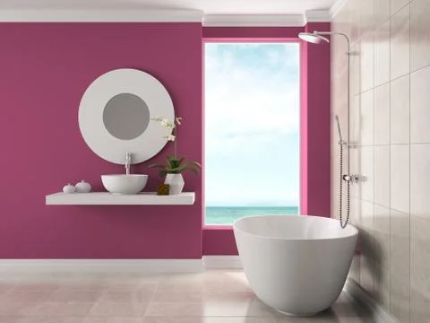 Interior of bathroom with sea view 3D rendering Stock Illustration