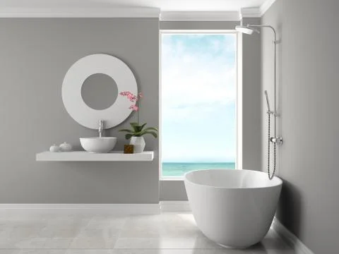 Interior of bathroom with sea view 3D rendering Stock Illustration