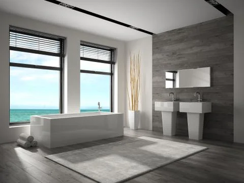 Interior of bathroom with sea view 3D rendering Stock Illustration