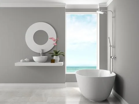 Interior of bathroom with sea view 3D rendering Stock Illustration