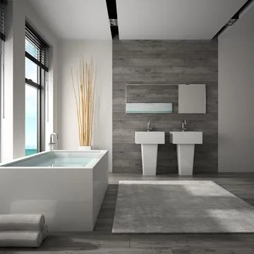 Interior of bathroom with sea view 3D rendering Stock Illustration