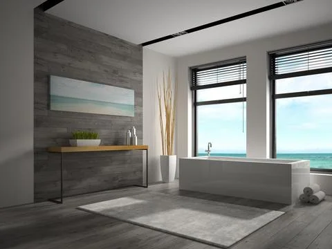 Interior of bathroom with sea view 3D rendering Stock Illustration