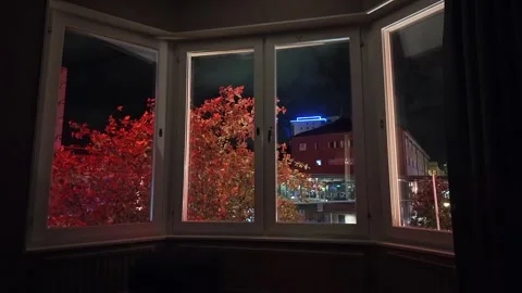 Interior Bay Windows Looking onto Red Autumn Trees and Neon Lights at Night Vidéo 347682363