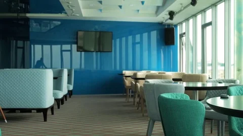 Interior of a beautiful restaurant on the top floor with a beautiful view from Video stock 77540833
