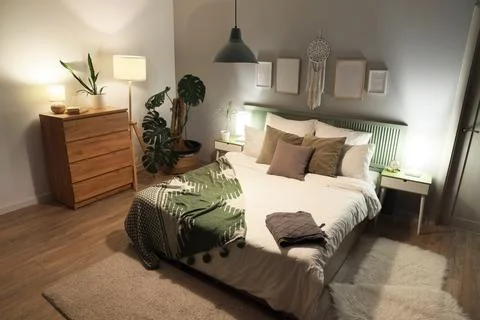 Interior of bedroom with blankets on bed, plants and glowing lamps at night Stock Photos