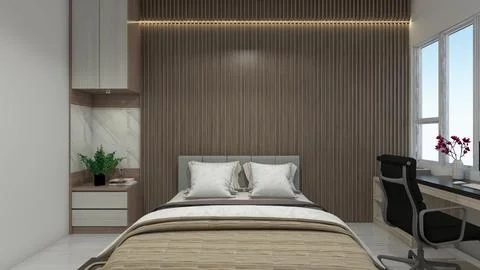 Interior Bedroom Design with Rustic Style Using Wooden Furnishing Stock Illustration
