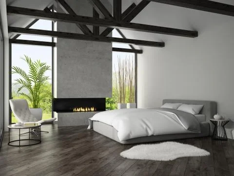 Interior of bedroom with fireplace 3D rendering 3 Stock Illustration