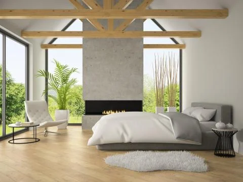 Interior of bedroom with fireplace 3D rendering 2 Stock Illustration
